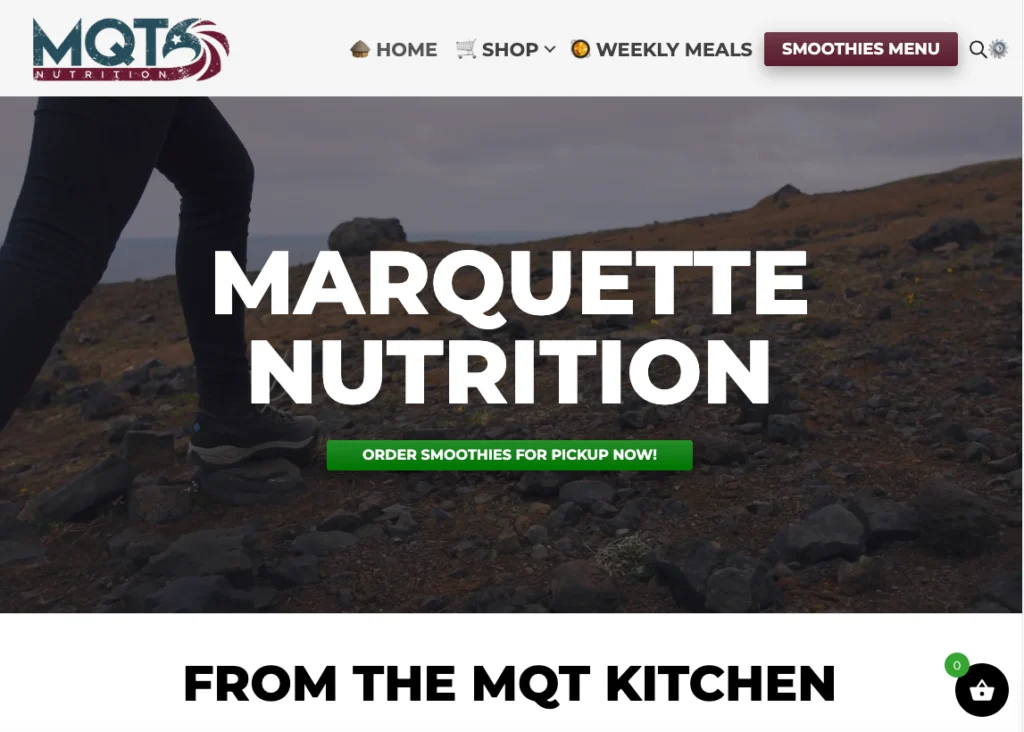 MQT Nutrition Website landing page. With green call to cation button prompting users to order smoothies.